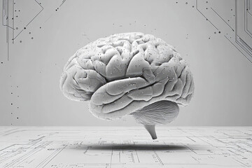 A white 3D brain model with circuit design lines on a sleek background, illustrating the integration of biology and technology.