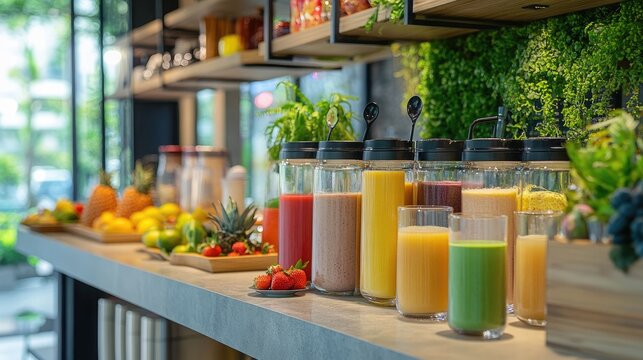 A smoothie bar setup with various colorful fruit juices and smoothies in a modern cafe environment.