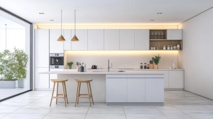 Fototapeta premium A modern minimalist kitchen featuring a minimalist design with white cabinets, a simple island, and a few carefully chosen decorative elements on a clean counter.