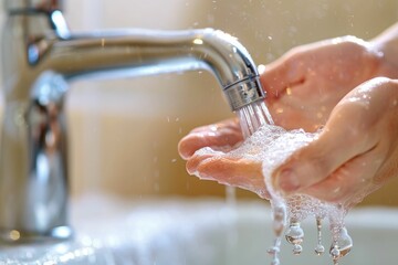 Fototapeta premium Water pour from tap while man wash his hands with anti bacterial soap close up view. Personal hygiene morning activity, safety precautions against COVID-19 pandemic infectious disease outbreak concept