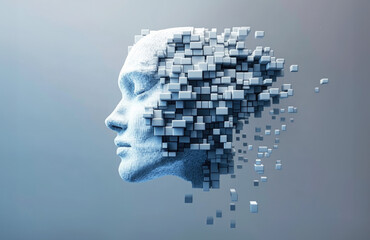 A 3D rendering of a human head with the rear part breaking into cubes, symbolizing fragmentation or data loss.