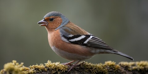 Fototapeta premium Chaffinch perched on a branch with delicate lichen.