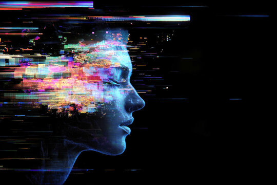 A pixelated head surrounded by dynamic digital effects, highlighting the intersection of human identity and digital transformation.