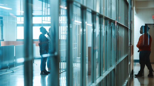 an inmate speaking with their family through a glass partition during visitation hours