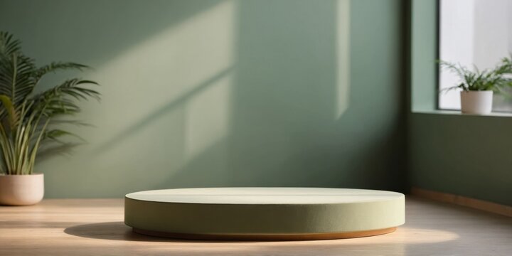 White podium on green and beige background Light shines through a window Minimalist product display. - Powered by Adobe