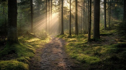 A winding path through a dense forest with tall trees, moss-covered ground, and sun rays filtering through the leaves.