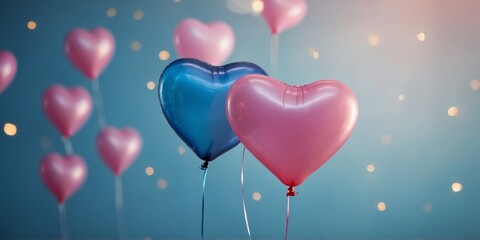 Pink and blue heart shaped balloon on blue background.