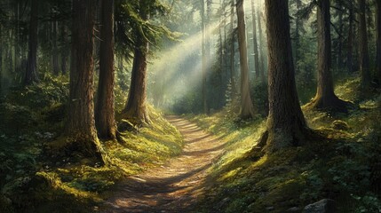 Fototapeta premium A winding path through a dense forest with tall trees, moss-covered ground, and sun rays filtering through the leaves.