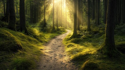 A winding path through a dense forest with tall trees, moss-covered ground, and sun rays filtering through the leaves.