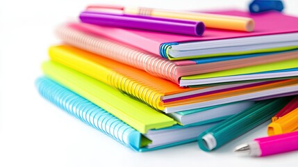 Fototapeta premium A fun and organized stack of colorful notebooks, with highlighters and sticky notes placed on a white background.