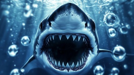 Naklejka premium Great White Shark with Open Mouth Underwater