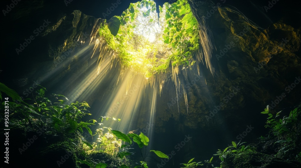 Poster a mysterious cave entrance surrounded by lush greenery, with rays of sunlight streaming into the cav