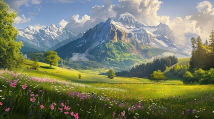 Obraz premium Scenic Mountain Meadow with Blooming Wildflowers