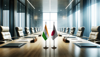 A modern conference room with India and Japan flags on a long table, symbolizing a bilateral meeting or diplomatic discussions between the two nations.