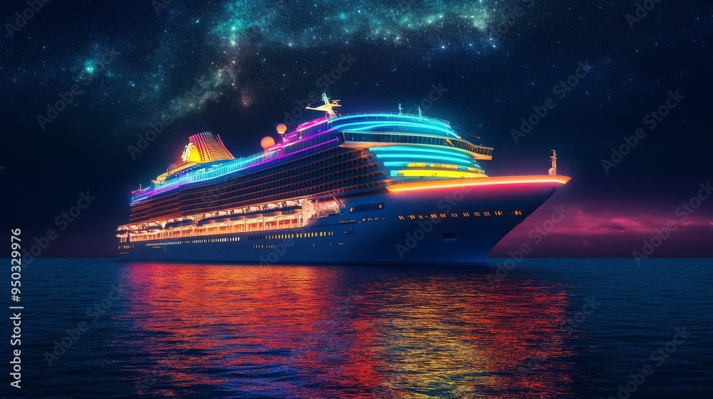 Poster A nighttime view of a cruise ship illuminated with colorful lights, sailing through the dark ocean with a starry sky above, creating a glamorous and tranquil scene.