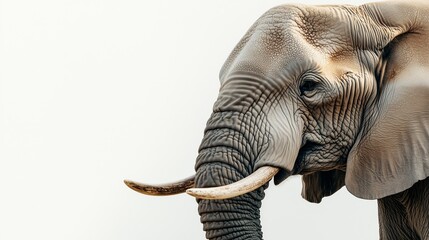 Obraz premium A close up, realistic of a grand elephant with a calm look, positioned on a vivid white background. The lighting is soft and even, capturing the fine details of the elephants skin