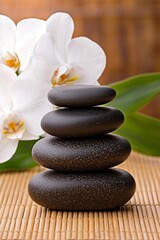 A peaceful spa image with smooth hot stones resting on a bamboo surface, surrounded by flowers, captured in soft, ambient light