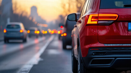 Red car driving on a busy city street at dusk, with blurred taillights and urban traffic in the background.