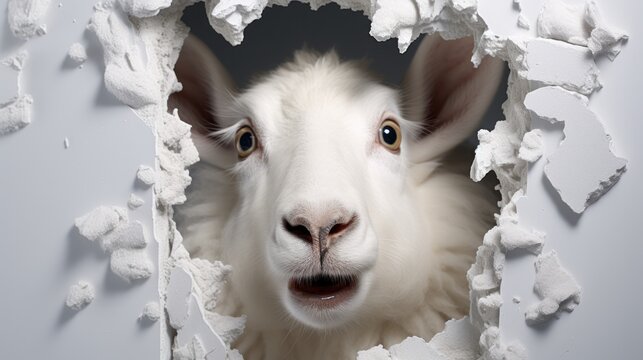 Curious Sheep Breaking Through Wall