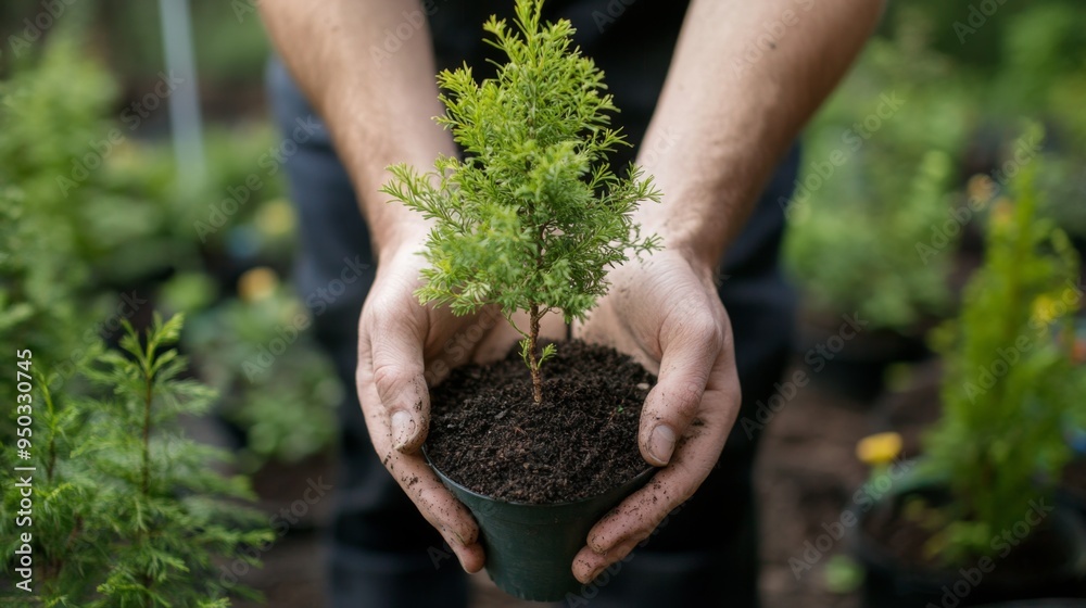 Poster a pair of hands holding a potted tree ready for planting, with a background of a garden or forest, e