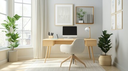 A Nordic-style home office with clean lines, light wood furniture, and a serene color palette, offering a productive and stylish workspace.