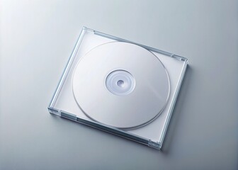 High-angle shot of a sleek, blank CD case on a minimalist background, ready for custom design and digital content display on a modern entertainment system.