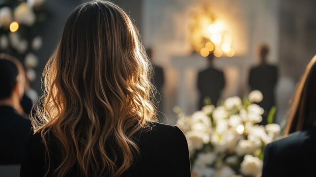 girl stands with her back to the camera, her posture reflecting deep sadness. She faces a blurred crowd of mourners in black, evoking themes of loss, grief, and emotional isolation