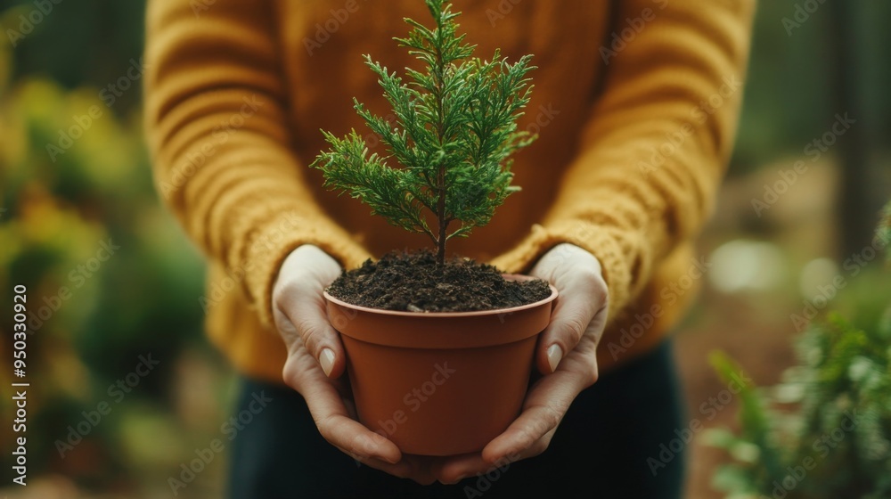Poster a pair of hands holding a potted tree ready for planting, with a background of a garden or forest, e
