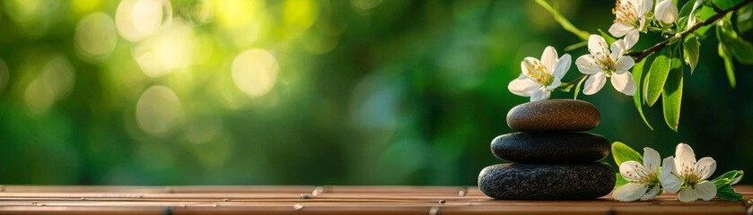 A serene spa setup with a bamboo background, smooth hot stones, and delicate flowers, all captured in soft, diffused light