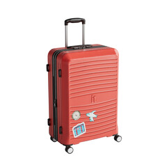 Red travelling suitcase with stickers on it, with isolated background