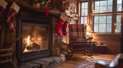 Naklejka premium fireplace with a warm fire and stockings hung