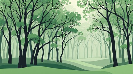 Obraz premium This tranquil forest features a dense arrangement of lush green trees that stretch across gentle hills. A soft mist envelops the area, enhancing the peaceful ambiance and natural beauty