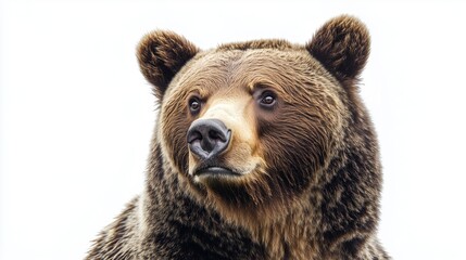 A close up, realistic of a grizzly bear with a commanding gaze, positioned on a vivid white background. The lighting is soft and even, capturing the fine details of the bears fur