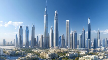 Obraz premium A panoramic view of a bustling city skyline with towering skyscrapers and modern high-rises under a clear blue sky.