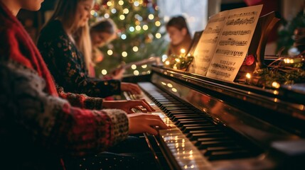 friends singing Christmas carols around the piano