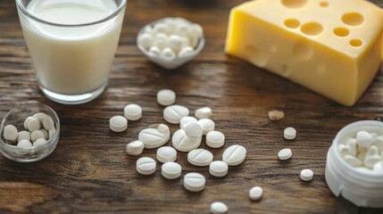 Calcium tablets with a glass of milk and cheese slices on a wooden table, emphasizing bone health.