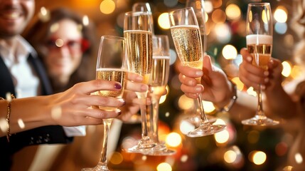group of friends toasting with champagne as they watch the countdown