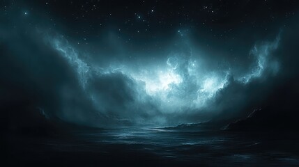 Fototapeta premium Whispers of the Void: Softly glowing mists and distant starlight in a dark, expansive space, capturing a sense of celestial solitude.