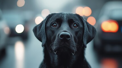 A black dog sits calmly on a road filled with blurry, illuminated cars in traffic during dusk, creating a contrast between the animal and the busy urban environment.