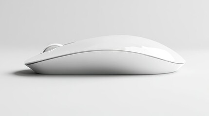 A modern white mouse in focus, photographed from a side angle on a white background, highlighting its ergonomic design