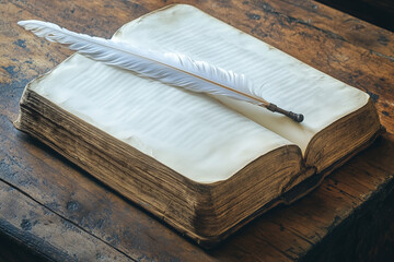 Open poetry book with a quill pen on an antique wooden table