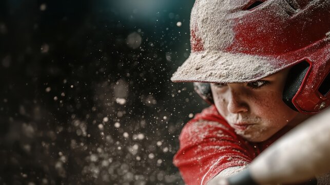 An evocative shot of a baseball player in the middle of a batting swing, covered in dust, capturing the intensity and fervor of the sport in a powerful moment.