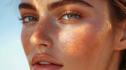 Naklejka premium Close-up of a face with dewy, glowing skin, applying sunscreen or skincare products with care