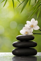 A calming wellness scene with bamboo and flowers framing hot stones, with soft natural light creating a serene atmosphere