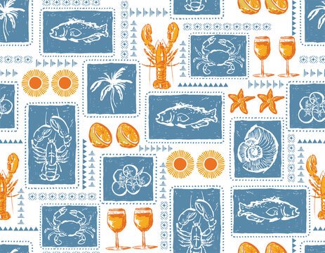 rendy Tropical  Vacation in Italy mood , palm trees silhouettes , Island , Leaves , Lobster repeat in retro style.