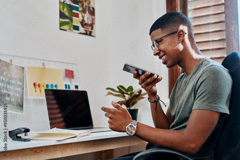 Poster Man, phone call and loudspeaker with smile, office and contact with mobile networking at company. Person, graphic designer and smartphone with glasses, memo and voice recording at creative agency