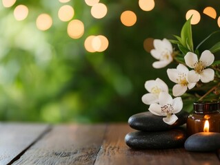 A peaceful spa arrangement with bamboo, smooth hot stones, and delicate flowers, bathed in soft, inviting light