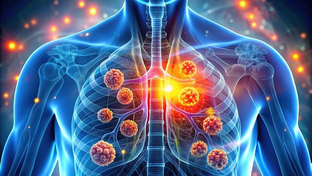 Illuminated 3D illustration of the human lungs with cancer cells and tumors, highlighting the devastating effects of lung cancer on respiratory health.