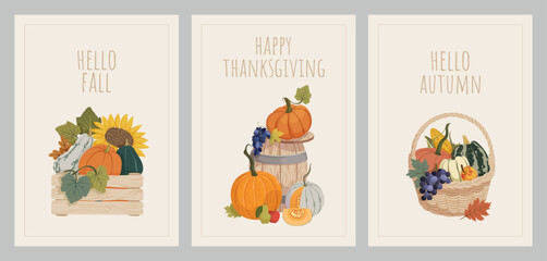 Autumn harvest cards with pumpkins, fruits, and vegetables in farm basket, wooden barrel, crate. Fall and Thanksgiving day arrangements for postcard, invitations, poster, stickers. Vector illustration
