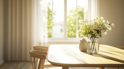 Scandinavian Dining Area with a Light Wooden Table, Minimalist Chairs, and a Vase of Fresh Flowers Bathed in Afternoon Sun
